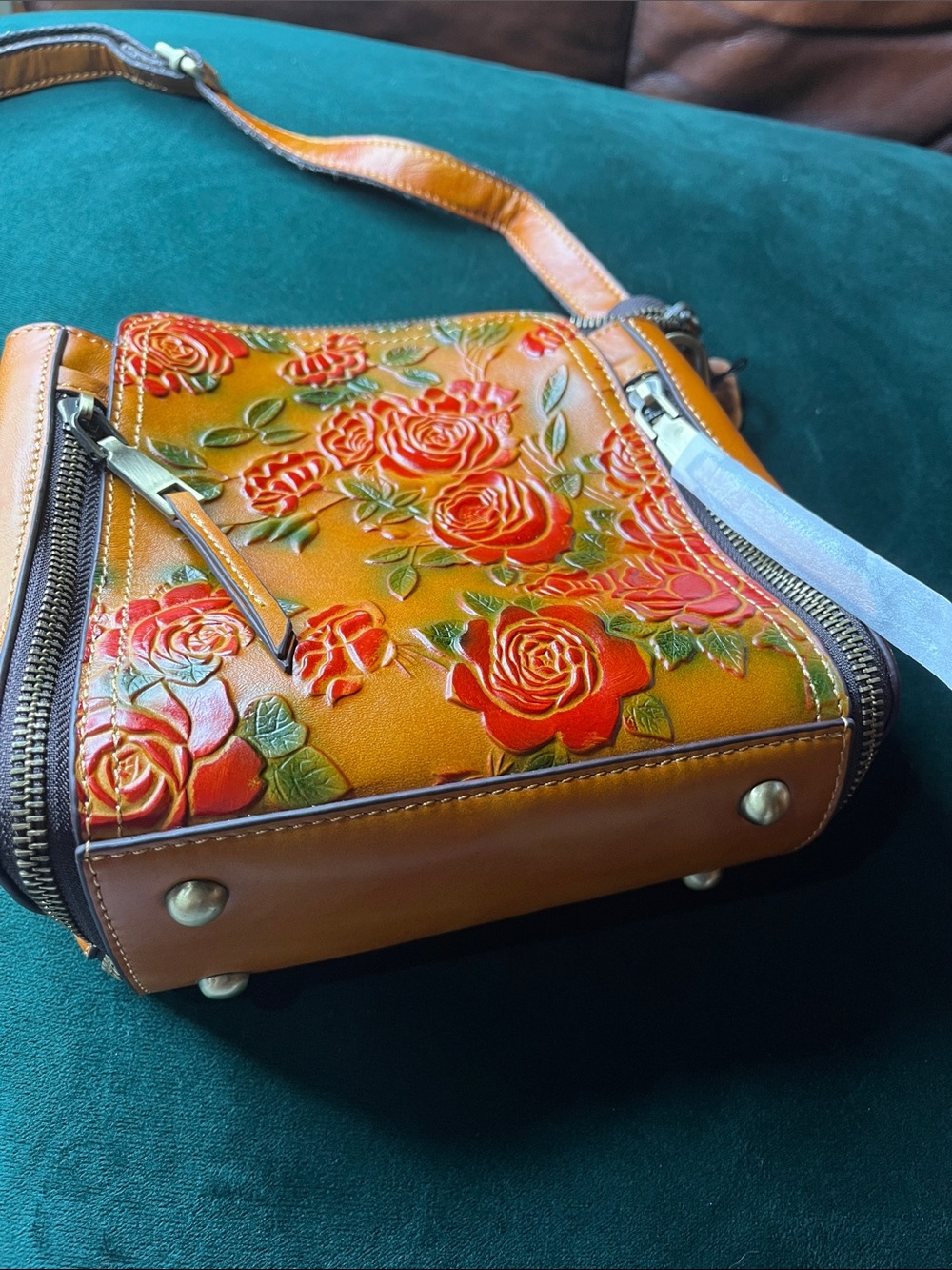 Orange Floral Embossed Leather Crossbody Bag - Women's Shoulder Bag - Picture 2 of 7